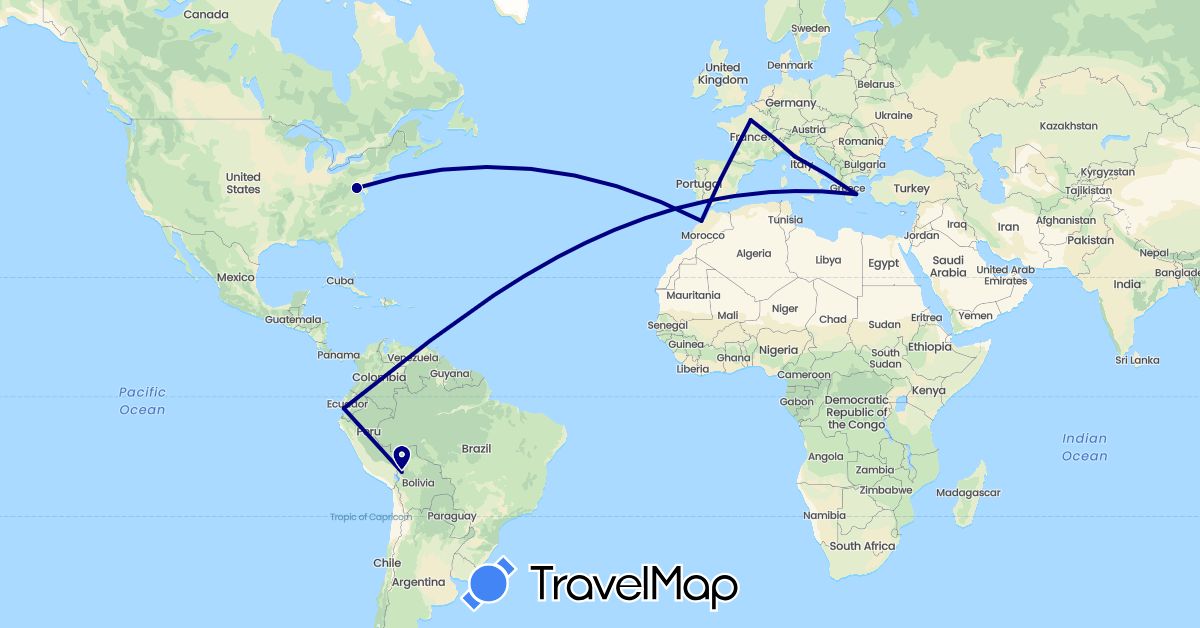 TravelMap itinerary: driving in Bolivia, Ecuador, Spain, France, Greece, Italy, Morocco, United States (Africa, Europe, North America, South America)